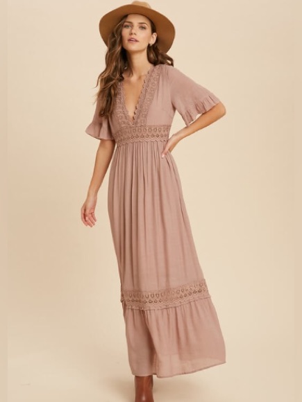 Wishlist Dusty Rose Maxi Dress With Lace Trim